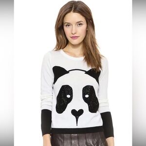 Alice + Olivia Panda Rhinestone Sweater White Black Wool Knit Top Size L